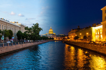 Time-lapse collage of day to night transition. Beautiful view of the Moyka River and historic buildings from the Potseluev Bridge, Saint Petersburg, Russia