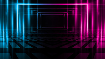 Background of empty stage show. Neon blue and purple light and laser show. Laser futuristic shapes on a dark background. Abstract dark background with neon glow