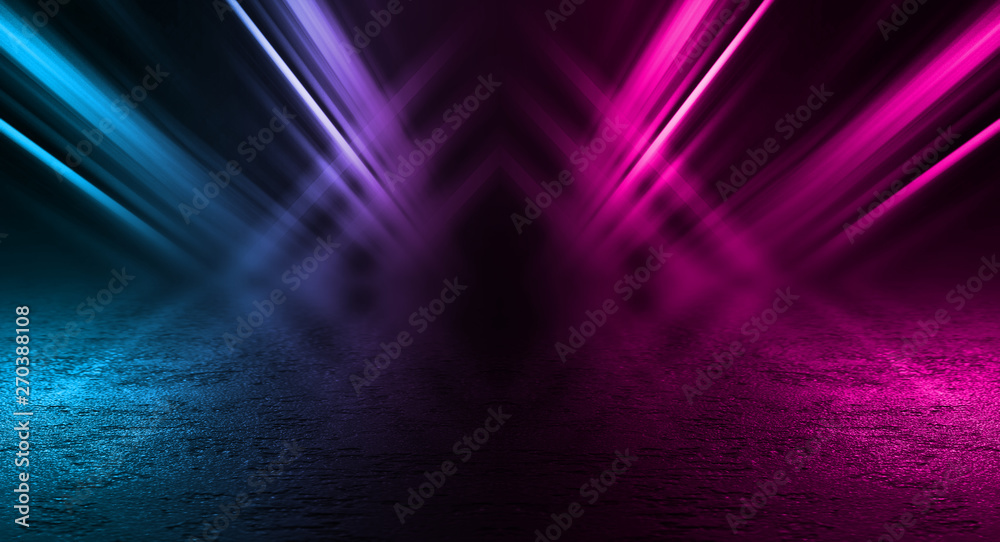 Poster background of empty stage show. neon blue and purple light and laser show. laser futuristic shapes o