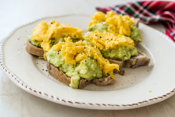 Scrambled Eggs with Avocado on Toast Bread for Breakfast.