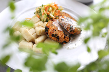 Vegetarian cooking. Meatless vegetable cutlet, healthy diet.