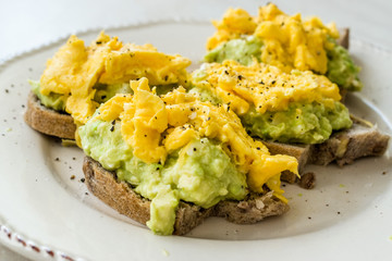 Scrambled Eggs with Avocado on Toast Bread for Breakfast.