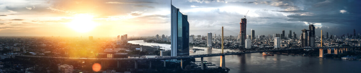 panorama view of Bangkok city with Business building and Chao Phraya River