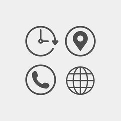 Contacts flat vector icons set. Telephone, email, gps,  working time flat vector icons