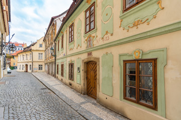 Prague, Czech Republic-February 01, 2019. View of typical street in old town of Prague, Czech Republic on February 01, 2019.