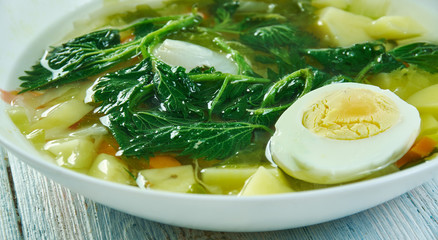 Spring vegetable soup nettle with egg