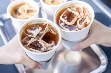 Party concept, girl with friends hold coffee cups and say cheers happy hangout together in cafe, lifestyle, copy space, top view, close up