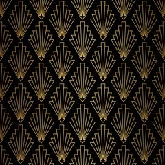 Behang Art Deco-patroon. Naadloze zwarte en gouden achtergrond. © amovitania