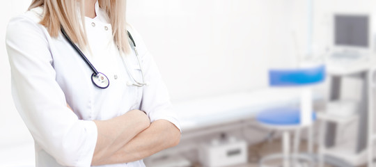 Medical wide banner with space for text. Cropped woman doctor in white uniform. Mockup for doctor name. healthcare, pharmacology and staff working at the hospital concept.