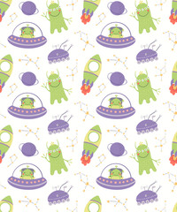 Hand drawn seamless vector pattern with cute aliens, spaceships, constellations, on a white background. Scandinavian style flat design. Concept for children, textile print, wallpaper, wrapping paper.