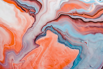 Fluid Art. Abstract marble background or texture. Neon Coral and Blue waves. Modern art