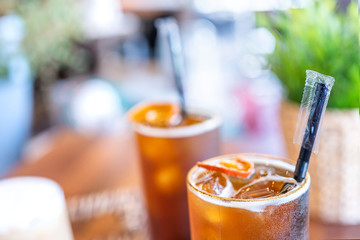 Coffee time with friends, cups of drink in coffeehouse, party concept, happy hangout together in cafe, lifestyle, copy space, top view, close up