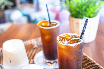 Coffee time with friends, cups of drink in coffeehouse, party concept, happy hangout together in cafe, lifestyle, copy space, top view, close up