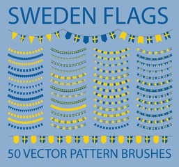 Set of 50 vector pattern brushes. Garland of swedish flags. Sweden.