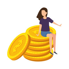 young woman seated in coins cash money dollars