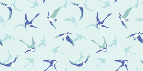 Blue vector repeat pattern with graphic blue and white swift. Bird pattern. surface pattern design. Perfect for textile, gift wrapping and print projects.