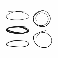 Set of circles and ovals drawn by hand. Sketch, doodle, scribble.