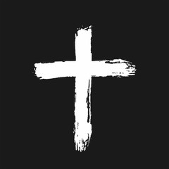 Latin cross drawn by hand with a rough brush. White icon isolated on black background. Sketch, graffiti, grunge, paint, watercolour. - 270391542
