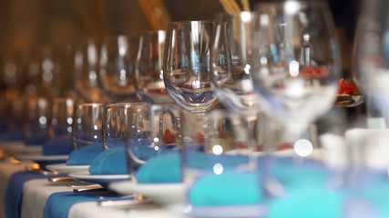 serving banquet table in a restaurant in blue and white style