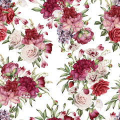 Seamless floral pattern with peonies, watercolor.