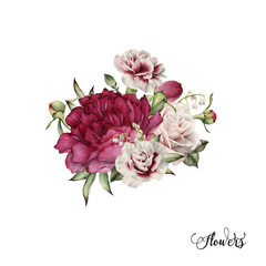 Bouquet of peonies, watercolor, can be used as greeting card, invitation card for wedding, birthday and other holiday and  summer background
