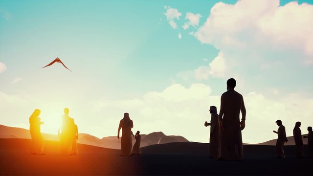 Sunset silhouette Arabic men with bird of prey on desert sands