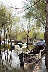 Danube river and fishing boat near the shore on a spring day.