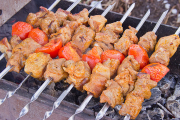 meat on skewers fried on the grill
