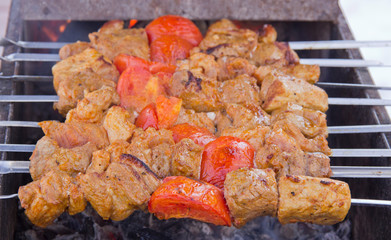 meat on skewers fried on the grill