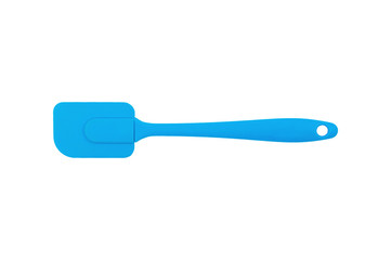 Blue rubber or silicone spatula with plastic handle for confectionery isolated on white background. Top view