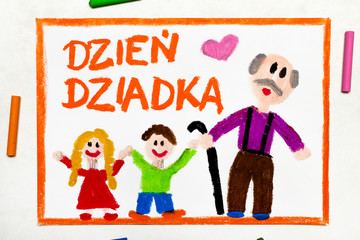 Colorful drawing: Polish Grandfather's  Day card with happy Grandfather and his Grandchildren