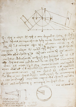 Blueprints, mechanisms, drawnings in the vintage book Manuscripts of Leonardo da Vinci, Codex on the Flight of Birds by T. Sabachnikoff, Paris, 1893