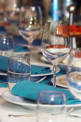 serving banquet table in a restaurant in blue and white style