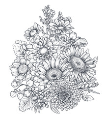 Floral composition. Bouquet with hand drawn flowers and plants.