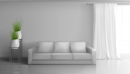 Fototapeta na wymiar Home living room, apartment hall realistic vector sunny interior in classic style mockup with empty grey wall behind soft sofa, long white curtain on window rod, glossy laminate on floor illustration