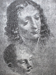 The head of the  woman and child by Leonardo da Vinci in the vintage book Leonardo Da Vinci by M. Sumtsov, Kharkov, 1900