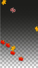 Vector Percentage Sign and Autumn Leaves Confetti on Transparent Background. Percent Sale Background. Business, Economics, Finance Print. Discount Illustration. Promotion poster. Black Friday Banner. 