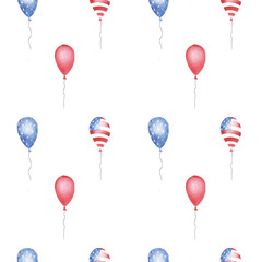 Obraz premium hand drawn watercolor seamless pattern with red, blue, striped and stars balloons on white background. print for wrapping paper to independence day of America
