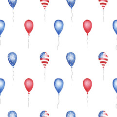 Obraz premium hand drawn watercolor seamless pattern with red, blue, striped and stars balloons on white background. print for wrapping paper to independence day of America