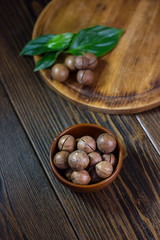 Brown ceramic bowl with macadamia nuts inside.