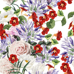 Seamless floral pattern with flowers, watercolor.