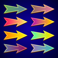 Neon glowing arrow pointer set on dark background. Colorful and shining retro light sign collection. Vector design elements