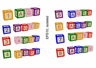 Age line,  numbers of ages. Illustration for books or posters. Numbers and text on blocks or child cubes. 