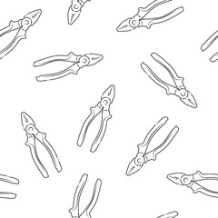 Seamless pattern of mechanical pliers drawing with black contour path isolated on white background