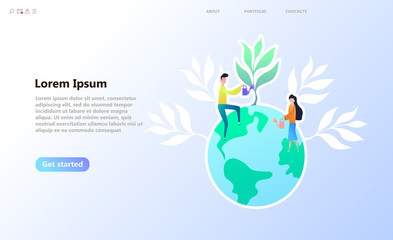 Ecological problem of the planet. People character planting, watering, gathering. People grow plants, doing farming job. World Environment Day, Bio Technology, green planet, globe and trees concept