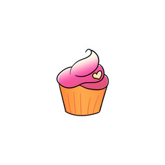 Hand drawn pink retro cupcake with a light yellow heart. Great for signs, logos and menu. - Vector - Vector