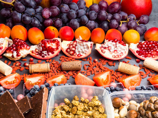 Composition with fruits assorted nuts blueberry, cranberry, mulberry and red wine with chocolate, resvsratrol, antioxidants rich food