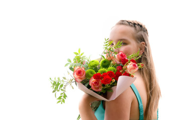 Banner. Teen girl holding a bouquet of flowers in her hands and smiling on a white background is isolated, the idea of a holiday