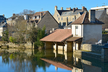 Fototapeta na wymiar Pavilions on the bank of the Sarthe and one wash house at Alençon of the Lower Normandy region in France