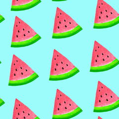 Seamless pattern with pieces of colorful watermelon on blue background. Hand-drawn watercolor illustration.  Fabric design.
